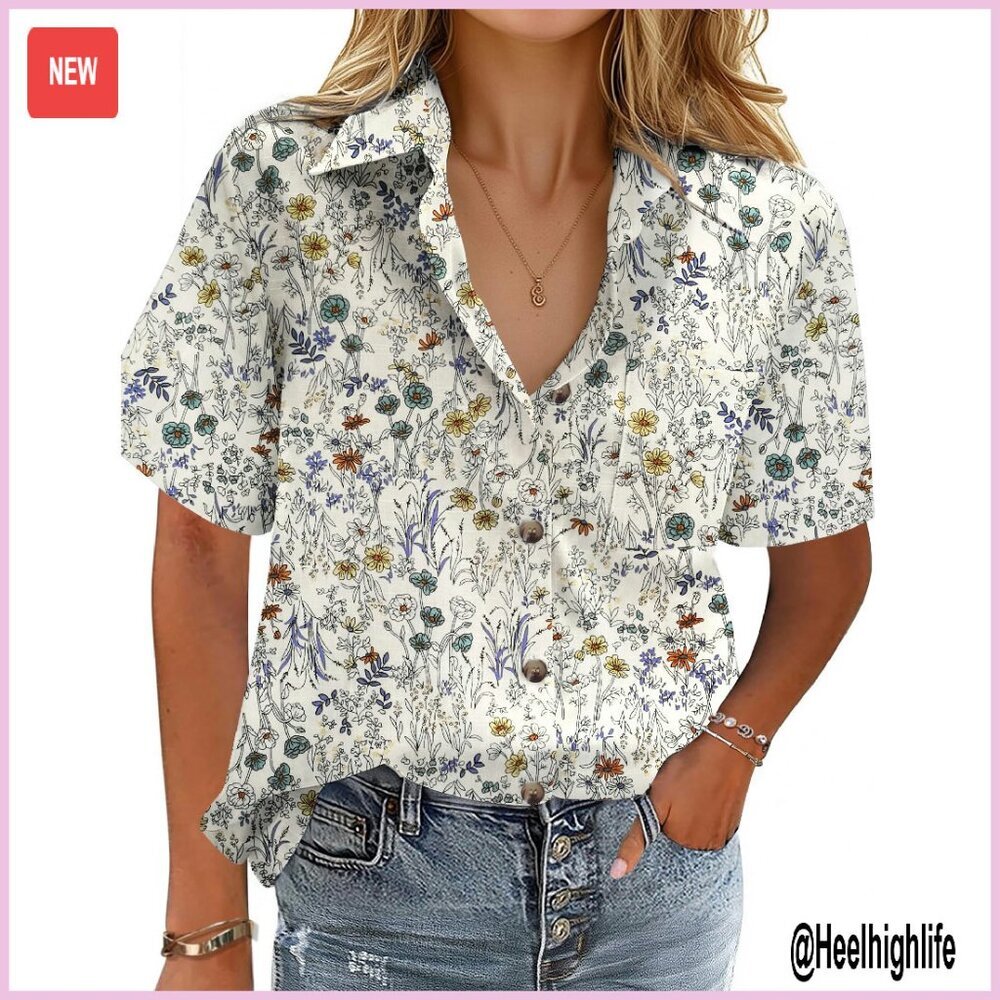 Cotton Linen Button Down Shirt Women's Short Sleeve Blouse with Pocket